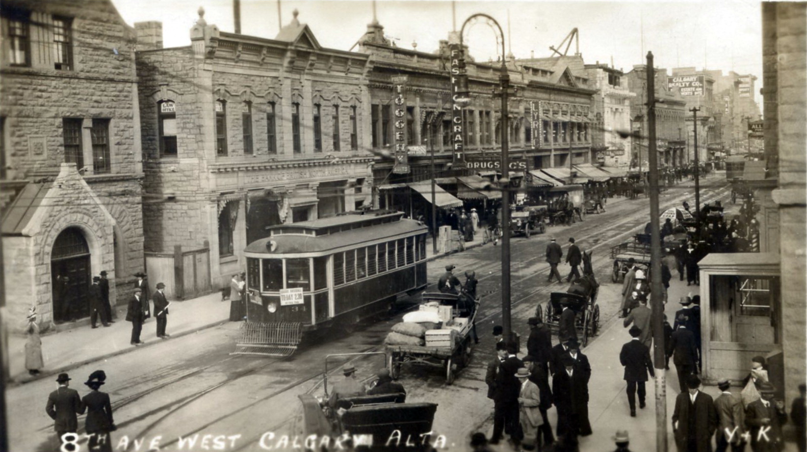 Historical black and white photo of Stephen Avenue Calgary